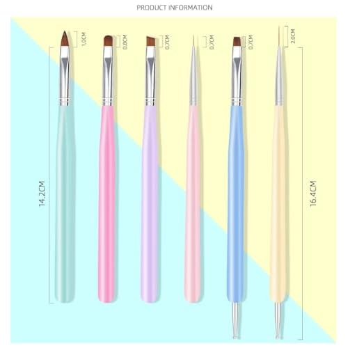 Nail Art Brushes, 6Pcs Nail Art Painting Tools with Nail Art Fine Liner Brush, Nail Design Painting Brushes Set, Builder Gel Brush, Nail Dotting Pen for Gel Polish Manicure Salon DIY, Multicolor