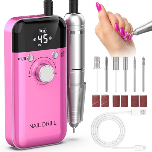 Portable Nail Drill Professional: 45000 RPM Rechargeable Electric Nail Drills Machine with 6 Bits, Drill para U?as Profesional E File for Acrylic, Gel Nails, Manicure & Pedicure - Salon & Home Use