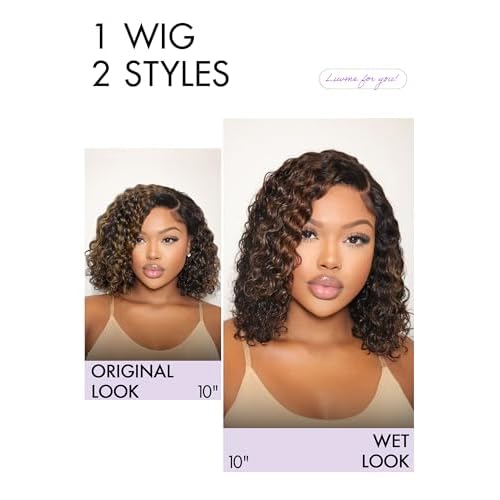LUVME HAIR Mix Color Highlight 10 Inch Curly Wig, Glueless HD Lace Wigs Human Hair Pre Plucked Pre Cut, Curly Bob Wig Human Hair Short Wig with Blonde Highlights Ready to Go Wig