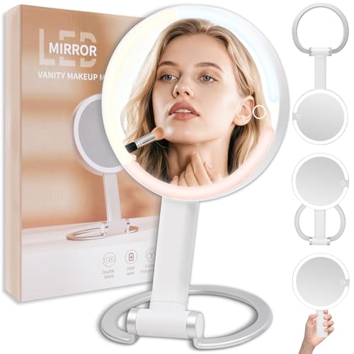 Magnifying Mirror with Light, Makeup Mirror with Lights and Adjustable Brightness, Hanging and Handheld Mirror with Handle, Travel Portable Lighted Makeup Mirror, 360¡ÆRotation, Memory Function 1X/10X