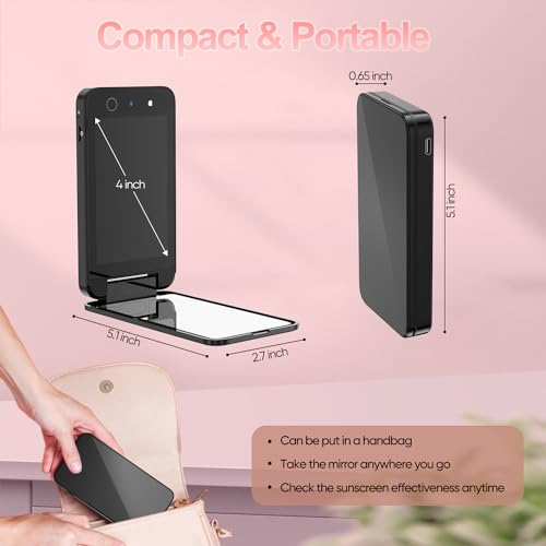UV Camera for Sunscreen Test UV Mirror Sunscreen Camera, 4 Inch Vanity Mirror Rechargeable Compact Travel Makeup Mirror Handheld Double-Sided Pocket Mirror for Skin Protection(Dark Black)
