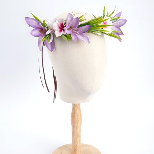 Hawaiian Leis Flower Headband - Hawaii Floral Headpiece Tropical Luau Flower Crown with Ribbon Lei Luau Dress Up Accessory Summer Beach Wedding Party Festival Photos (Purple, Pink)