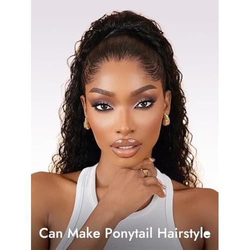 Hidden Strap 360 Drawstring Full Lace Front Wigs Human Hair Pre Plucked 200 Density Deep Wave 360 Invisible Drawstring Glueless Wet And Wavy HD Lace Front Wig Human Hair For Black Women 16 Inch