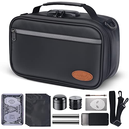 Large Smell Proof Cosmetic Organization Bag with 8 Small Items, Portable Cosmatic Makeup Smell Proof Storage Case with Combination Lock For Home and Travel, Gifts for Men Black