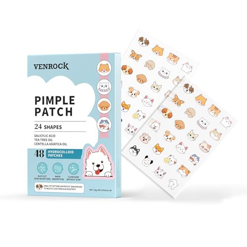 VENROCK Pimple Patches for face,24 Cute Pet Shapes 48 Count Hydrocolloid Acne Treatment for Covering Zits & Blemishes Spot for Kids & Adults, with Salicylic Acid, Tea Tree Oil, Centella Asiatica Oil