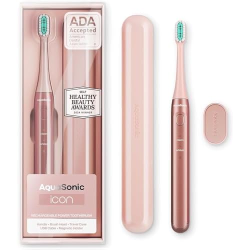 Aquasonic Icon ADA-Accepted Rechargeable Toothbrush | Magnetic Holder & Slim Travel Case | 2 Brushing Modes & Smart Timers | Gentle Micro-Vibrations (Blush)