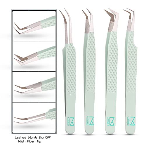 M LASH Tweezers for Eyelash Extensions (Set of 4) - Professional Lash Extension Tweezers - Fiber Tip, Japanese Steel, Diamond Grip Eyelash Extension Tweezer (ET-GRN)