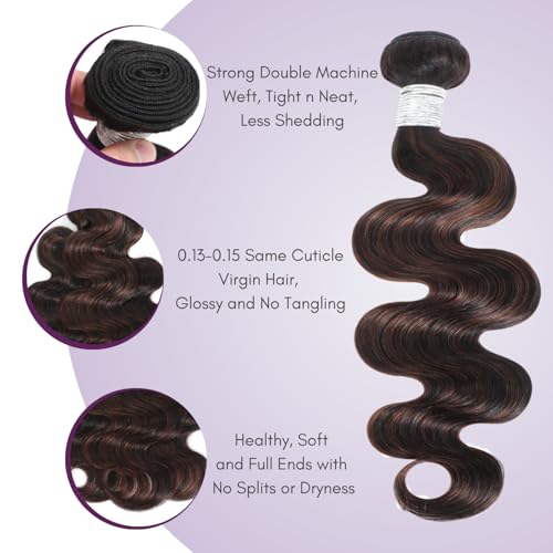 Brown Highlight 3 Bundles with 2x6 Closure Body Wave Human Hair 18 20 22+16 In, 12A Thick #F4/2 Dark Brown with Chestnut Highlight Human Hair Bundles and 2x6 Hd Lace Kim K Closure Long Deep Part
