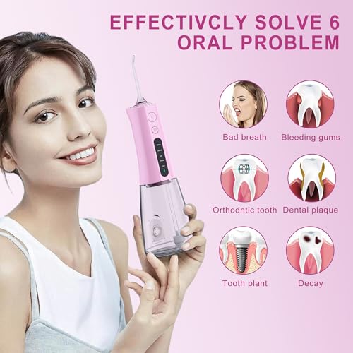 Water Dental Flosser OLED Display Cordless Teeth Cleaning MOCEL 5 Modes Oral Irrigator 300ML Portable and USB C Rechargeable IPX7 Waterproof Floss Teeth Pick (Pink)