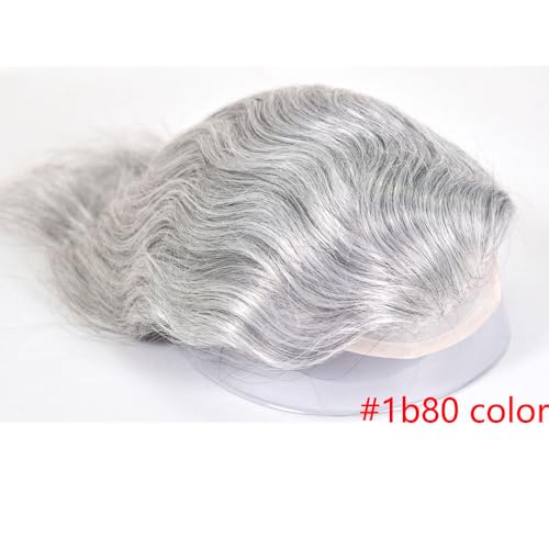 Men's Toupee 10"¡¿8" European Virgin Human Hair Toupee Hair pieces for Men Thin Skin Hair Replacement System Lace Front+ Mono Net with PU around Base for Men (#1b mix 80% grey synthetic hair)