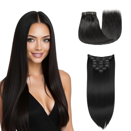 YSYS Clip in Hair Extensions - 100% Human Hair Remy Hair Extensions for Women - 7 Pieces, 120g Seamless Clip ins for Extra Volume/Style - Natural Straight (Jet Black #1, 22 inches)