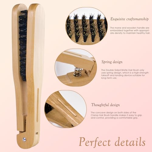 Double Sided Bristle Hair Brush, Clamp Hair Brush Use for Smoothing and Straight Hair Styles, Wooden Hair Straightening Brush