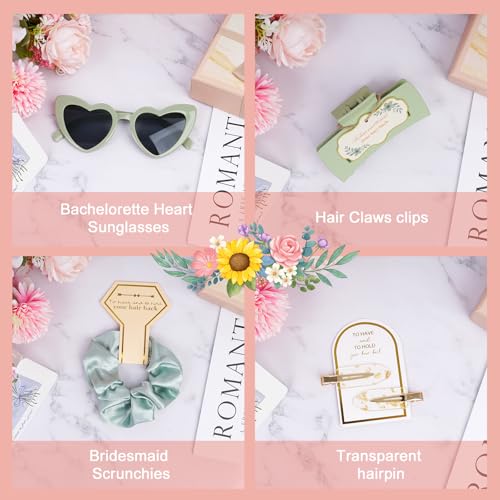 Sage Green Bridesmaid Gifts for Proposal, 8PCS Girls Gift Set with Hair Claws, Scrunchies, Makeup Clips & Heart Sunglasses, Wedding Bachelorette Party Favors, Birthday Gifts for Women Teens