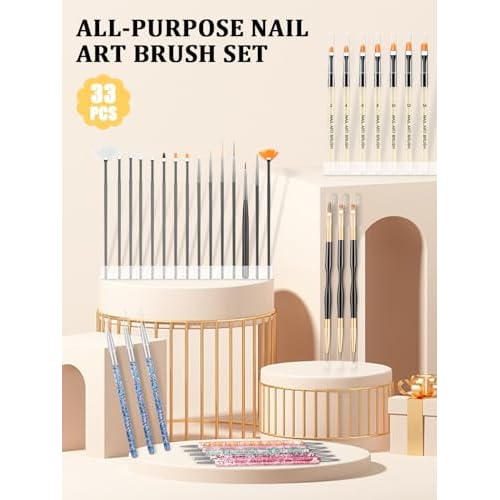 33PCS Nail Art Brushes Set, Nail Art Tools, Nail Design Tools with Gel Nail Brush, French Tip Tool Liner Brushes, Dotting Tools, Builder Gel Brush, Nail Tech Beginners Must Haves Stuff Supplies