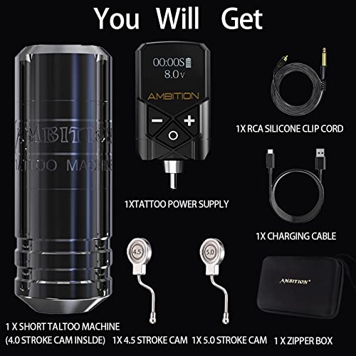 Ambition Torped Tattoo Machine Kit - Rotary Tattoo Machine Cartridges Short Pen with 2400mAh Tattoo Power Supply Brushless Motor for Professional Tattoo Artist