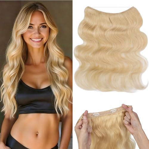 Rich Choices 100% Real Human Halo Hair Extensions Wave Remy Invisible Wire In Hair Extensions Human Hair Clip in Hair Piece 22 Inch Wavy-#613 Bleach Blonde