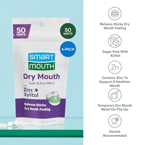 SmartMouth Dry Mouth Dual-Action Mints - Sugar-Free - 50 Count, 4 Pack, Mellow Mint