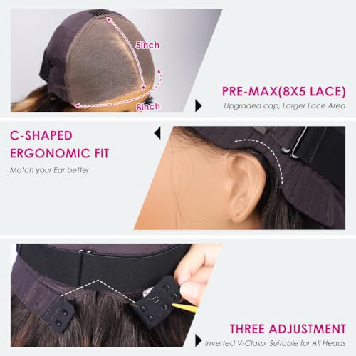 Pizazz 8x5 C part T1b/4 Balayage Glueless Wig Human Hair Pre Plucked Pre Bleached Pre Cut Ready to Go Body Wave Ombre 220 Density Lace Front Wigs Human Hair With Small Knots (T1B/4 Color, 18 Inch)
