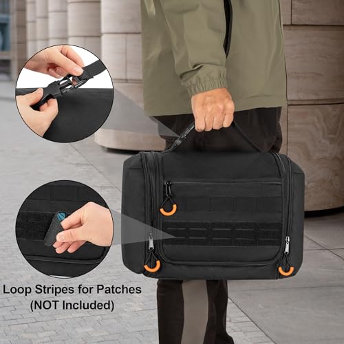Tactical Toiletry Travel Bag for Men, Hanging Dopp Kit Hygiene Bag Shower Organizer with Hook for Toiletries and Shaving Care, Black (Empty Bag)