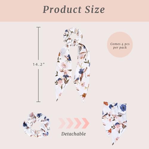 4-Piece Satin Hair Scarf Scrunchies for Women Girls, No Damage Cute Hair Ties with Bow Ribbons Ponytail Holders Elastic Rubber Bands (White Flower)