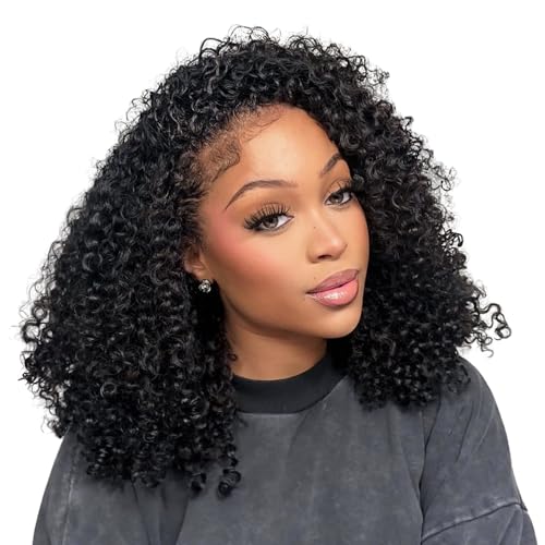 Kinky Curly Half Wig Human Hair 180% Density 3 In 1 Seamless Flip Over Half Wigs Human Hair Glueless Wear and Go Beginner Friendly 24 Inch Drawstring Headband Wig Human Hair for Women Natural Black