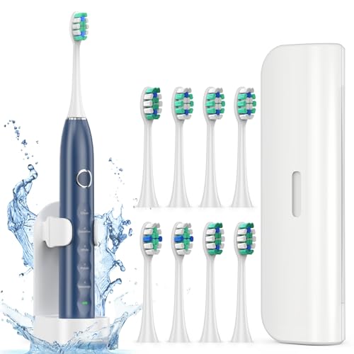 Electric Toothbrush for Adults with 8 Brush Heads, Sonic Toothbrush Rechargeable with a Holder & Travel Case, 2.5 Hours Charge for 120 Days Use - Blue