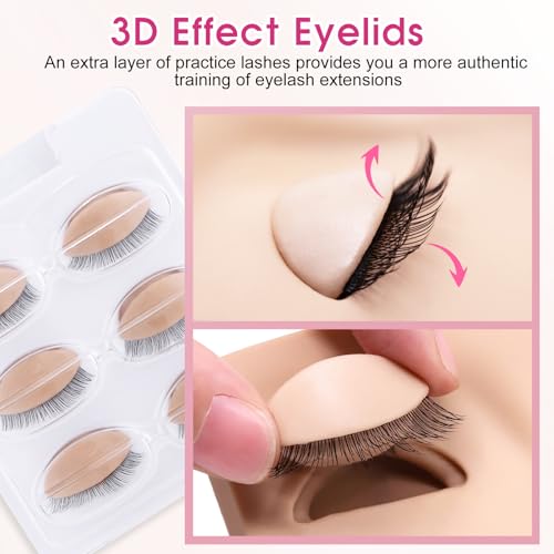 6 Pairs 2 Layers Eyelash Practice Eyelids for Mannequin Head, Silicone Rubber Removable Realistic Eyelash Extension Eyelids for Lash Training