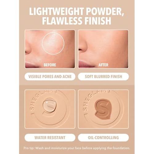 SHEGLAM SKin-Focus Full Coverage Powder Foundation Oil-Control Lightweight Face Pressed Powder Makeup-Nude