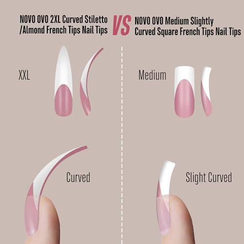 NOVO OVO Halloween XXL Curved Stiletto Almond French Tip Nail Tips, Soft Gel Extra Thick Long Acrylic Hawk Curve Fake Extension, Need Builder Gel & Top Coat, Full Cover Press on DIY 12 Sizes 240 pcs