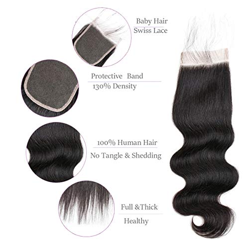 Brazilian Body Wave Virgin Human Hair Bundles with Closure (22 24 26 with 20 closure) Unprocessed Bundles with Lace Closure Body Wave Hair with Closure 4X4 Lace Free Part Natural Black Hair