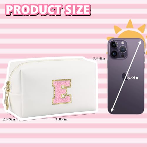 Initial Makeup Bag,Personalized preppy bag Waterproof PU Leather Chenille Letter Cosmetic Bag,Portable Travel Toiletry Bag Monogram Birthday Gift for Women Girls Mom Friends (Letter E)