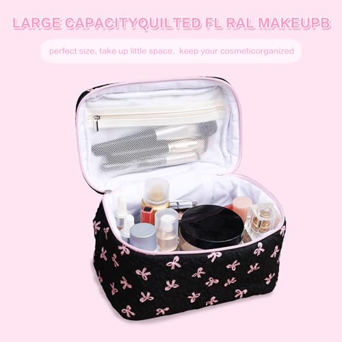 Cotton Quilted Makeup Bag Coquette Accessories Make up Bag Organizer Cute Bow Floral Cosmetic Pouch Travel Makeup Bag Mystery black Pure white (White black bow-01)