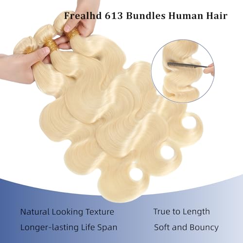 613 Blonde Bundles Human Hair Body Wave 16 inch, 16A Quick Weave Bundles Human Hair Sew in Extensions 100% Real Human Hair No Synthetic Blend, Double Weft, Triple Lifespan 3X, Can Be Dyed