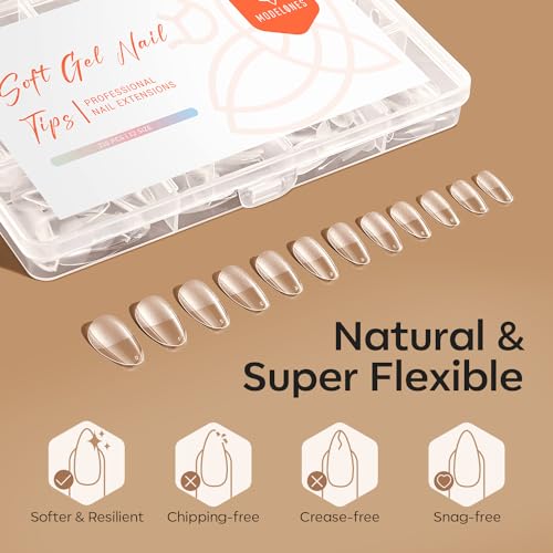 modelones Short Almond Nail Tips, Pre-shaped Soft Gel Tips Fake Nails False Acrylic Clear Full Cover Press on Extension Kit Gel Manicure DIY at Home 216PCS 12Sizes