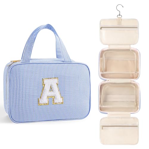 TOPEAST Travel Hanging Toiletry Bag Initial Makeup Bag for Women Teen Girls - Birthday Gifts for Women Teen Girls, Gifts for Daughter Sister Friends Mom Her - Letter A, Blue