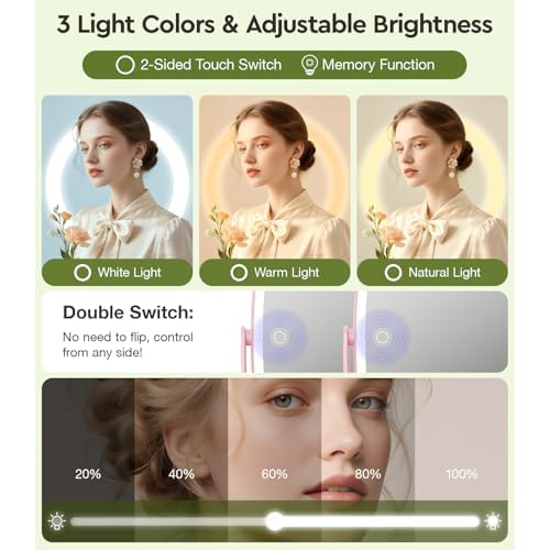 Height Adjustable Lighted Makeup Mirror with Lights and Magnification, 1X 20X Magnifying Mirror with Light 4000mAh Rechargeable, Tray Base and Phone Stand for Desk, Gifts for Women (Pink)