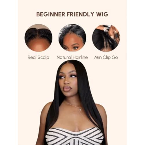 YIROO V Part Wig Yaki Straight Human Hair Wigs for Black Women Upgrade Upart Wig No Leave Out 12A Glueless Kinky Straight V Shape Clip in Half Wig No Glue No Sew Beginner Friendly 180% Density 22 Inch
