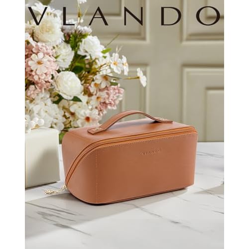Vlando Travel Makeup Bag,Brown Leather Make up Bag,Portable Toiletry Bag with Divider and Handle,Gifts for Women (Brown)