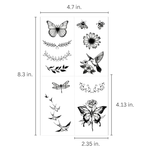 One Grace Mini Nature Temporary Tattoos - Realistic Long Lasting Waterproof Tiny Tattoos - Black and White Butterflies Bird Flower Rose Tree Branch Boho Small Tattoos for Women and Men