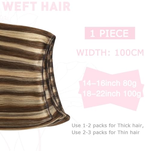 Sindra Weft Hair Extensions Chocolate Brown Mixed Caramel Blonde Sew in Extensions Real Human Hair 22 Inch 100g/pack Double Weft Silky Straight (wt#4p27 22inch)