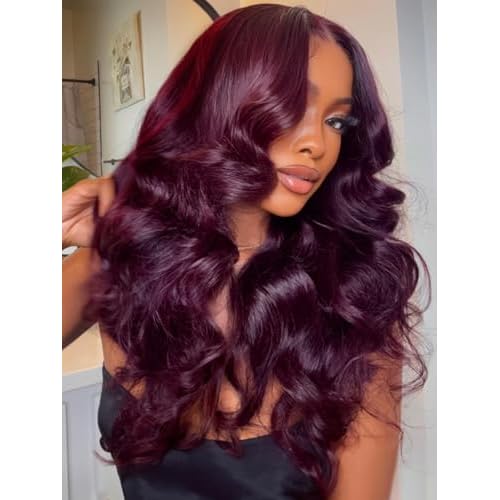 Beauty Forever Bye Bye Knots Black Cherry Loose Body Wave Glueless Wigs Human Hair Pre Plucked Pre Cut 7x5 Lace Front Drawstring Wig with Face Framing Layers Put on and Go Wig 180% Density 16inch