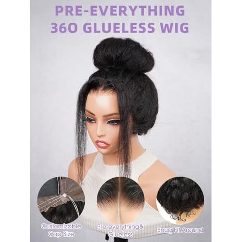 Kinky Straight Invisi Drawstring Glueless HD Full 360 Lace Front Wigs Human Hair Flexible Fit Wear and Go Glueless Wigs Human Hair Pre Cut Pre Plucked Pre Bleached Wigs for Black Women 18 Inch