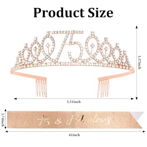 75th Birthday Sash and Crown for Women Rose Gold 75th Birthday Tiara and Sash Set Gifts for Her 75 & Fabulous Sash Birthday Decorations Happy Birthday Crown and Sash Accessories Birthday Gift
