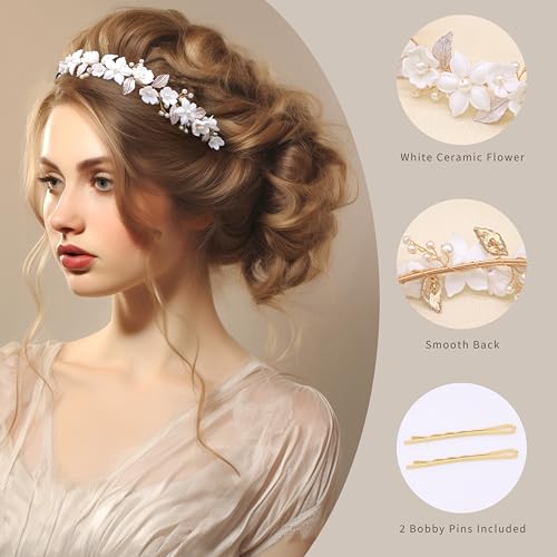 Oriamour Wedding Headbands With Ceramic Flowers Bridal Wedding Headpieces For Women Girls Pearls Headband With Leaves Desgin (Gold)