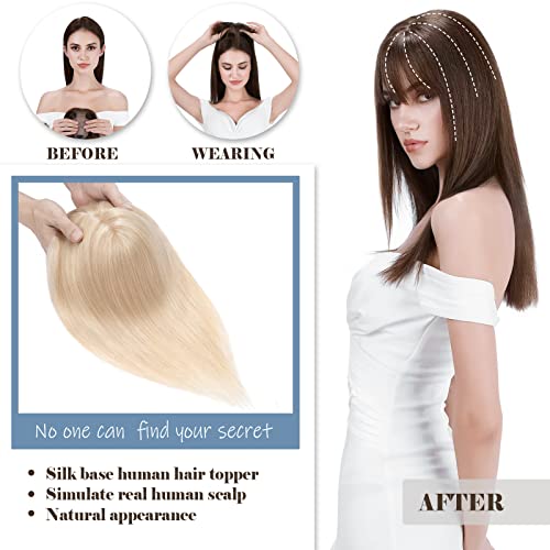 Hairro Clip In Remy Topper Hairpiece With Bangs Human Hair Clip On Toupee Wispy Bangs For Women Middle Part With Hair Loss Thinning Hair Grey Hair 16 Inch 48g #18P613 Ash Blonde Mix Bleach Blonde