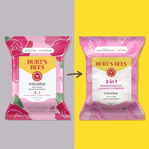 Burt¡¯s Bees Micellar Rose Water Facial Towelettes, 100% Plant Based Cloth; 99% Natural Origin; Remove Makeup, Cleanse, Hydrate; No Greasy, Oily Residue; All Skin Types (Pack May Vary)