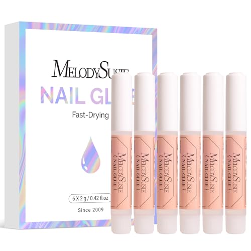MelodySusie Nail Glue for Acrylic Nails Press on Nails Super Strong and Long Lasting Nail Glue for Adhesive Bond False Nails with Easy Application, 0.07oz 6pcs