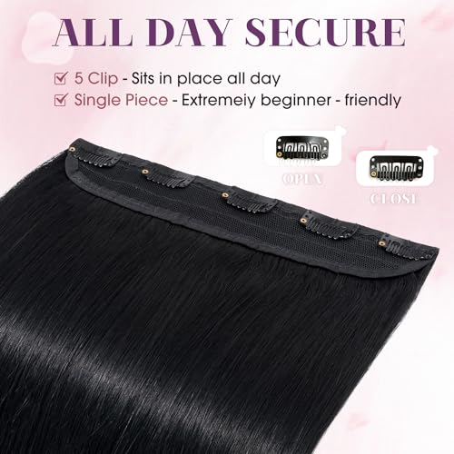 S-noilite One Piece Hair Extensions Clip in Human Hair 5 Clips 3/4 Full Head Clip on Remy Hair Extension for Women,One-Piece Design Adding Hair Volume 20 Inch 50g #Jet Black