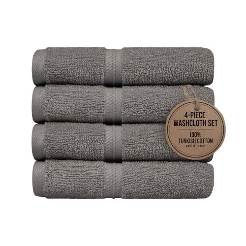 Quick Dry & Absorbent Wash Cloths Set of 4 (12" x 12") Hotel Quality, Versatile as, Washcloths for Your Face, Face Towel Set, Spa Towels, Hand Towels, Soft Wash Cloths -%100 Cotton - Gray