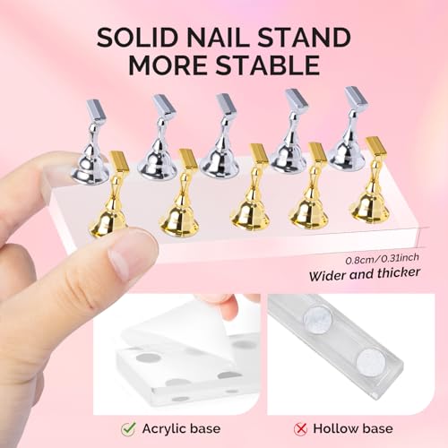 MelodySusie Nail Stand for Press Ons, Big Transparent Acrylic Magnetic Base for Painting Display with Brush Holder and 100 Pcs Reusable Double-Sided Tape for Home DIY Salon Supplies
